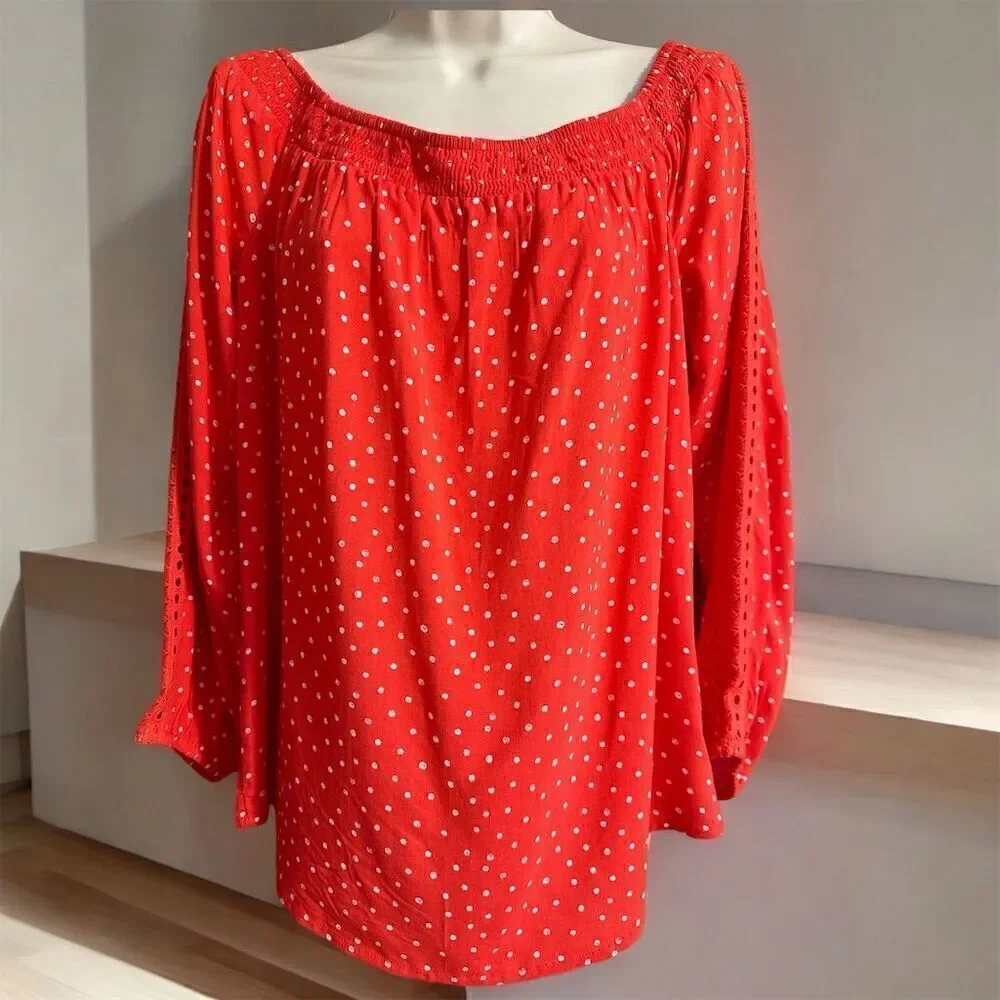 Maurices Red White Polka Dot Smocked Off The Shoulder Flowy Long Sleeve Blouse